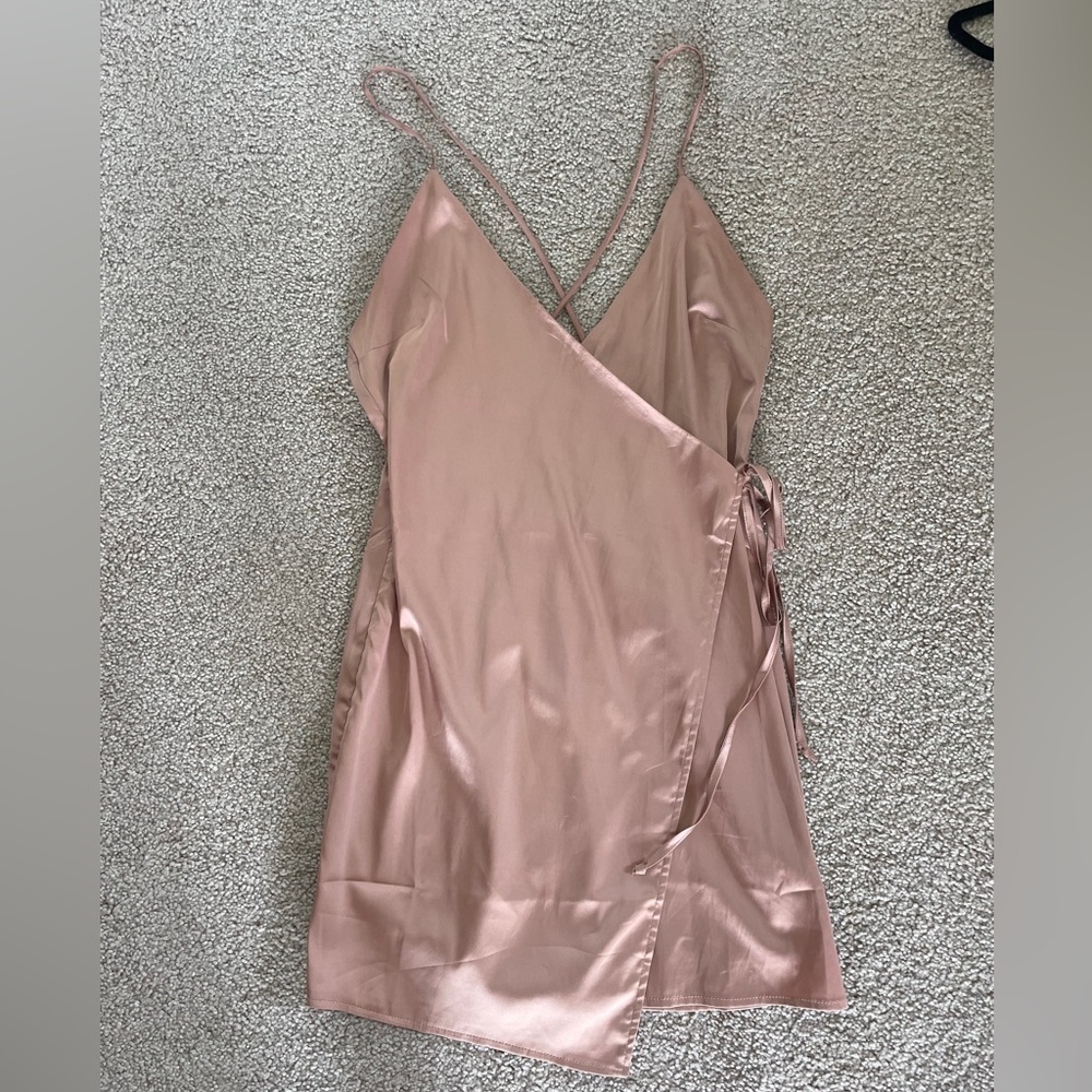 Mahina Rose Gold Satin Wrap Mini Dress Cross Back S